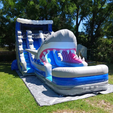 Blow Up Shark Water Slide Commercial Inflatable Wet Dry Double Lane Slide Outdoor Long Waterslide With Pool
