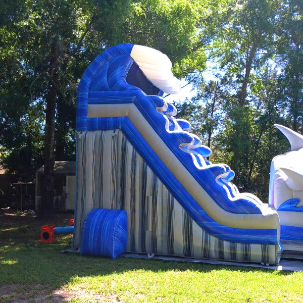 Blow Up Shark Water Slide Commercial Inflatable Wet Dry Double Lane Slide Outdoor Long Waterslide With Pool