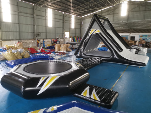 New Black Inflatable Water Floating Trampoline Combo With Launch And Slide