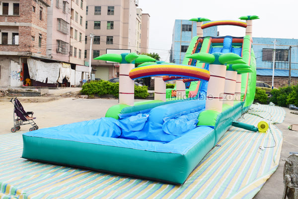 Outdoor Sun Palm Tree Double Lane Large Slip And Slide Commercial Inflatable Water Slide With Pool