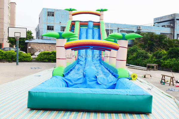 Outdoor Sun Palm Tree Double Lane Large Slip And Slide Commercial Inflatable Water Slide With Pool