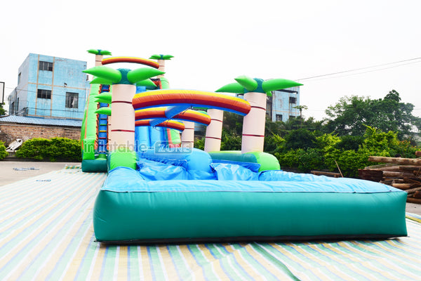 Outdoor Sun Palm Tree Double Lane Large Slip And Slide Commercial Inflatable Water Slide With Pool