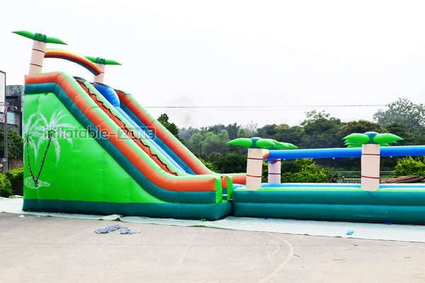 Outdoor Sun Palm Tree Double Lane Large Slip And Slide Commercial Inflatable Water Slide With Pool