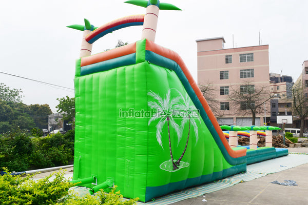 Outdoor Sun Palm Tree Double Lane Large Slip And Slide Commercial Inflatable Water Slide With Pool