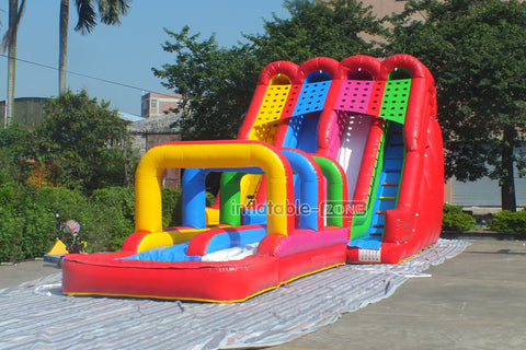 Huge Inflatable Water Slide Colorful Rainbow Triple Lane Surf Waterslide For Above Ground Pool