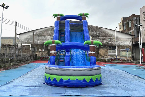 Outdoor Giant Inflatable Bouncy Waterslide Tropical Palm Tree Single Lane Water Slide With Swimming Pool Jumper