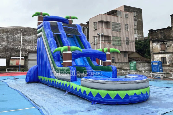 Outdoor Giant Inflatable Bouncy Waterslide Tropical Palm Tree Single Lane Water Slide With Swimming Pool Jumper