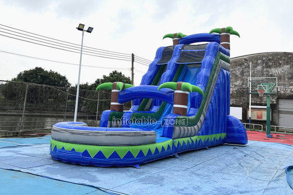 Outdoor Giant Inflatable Bouncy Waterslide Tropical Palm Tree Single Lane Water Slide With Swimming Pool Jumper
