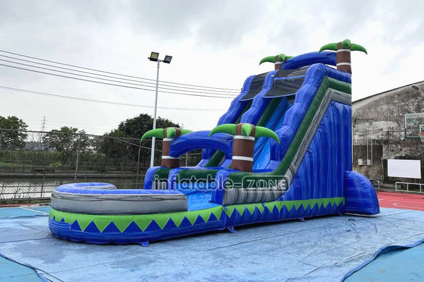Outdoor Giant Inflatable Bouncy Waterslide Tropical Palm Tree Single Lane Water Slide With Swimming Pool Jumper