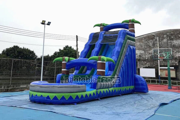 Outdoor Giant Inflatable Bouncy Waterslide Tropical Palm Tree Single Lane Water Slide With Swimming Pool Jumper