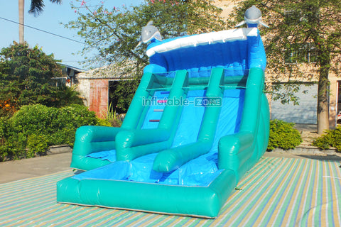 Inflatable Dolphin Dual Lane Water Slide Large Outdoor Jump N Fun Inflatables Wet Dry Waterslides With Pool