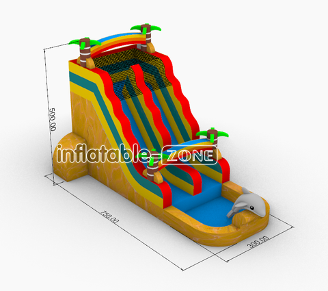 Inflatable-Zone Design Tropical Waterslide Dolphin Inflatable Double Water Slide With Splash Pool