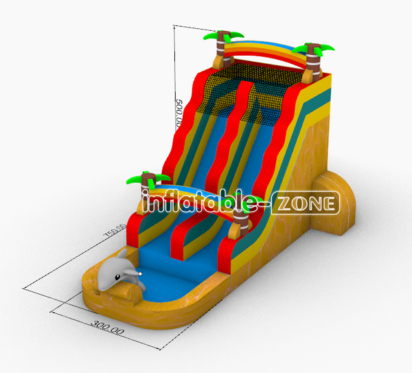 Inflatable-Zone Design Tropical Waterslide Dolphin Inflatable Double Water Slide With Splash Pool