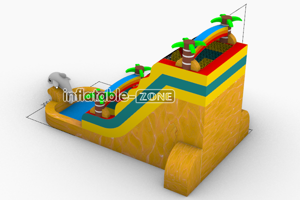 Inflatable-Zone Design Tropical Waterslide Dolphin Inflatable Double Water Slide With Splash Pool