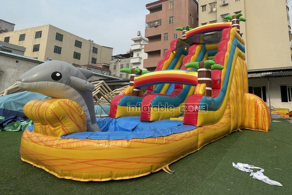 Palm Tree Inflatable Water Slide Large Commercial Inflatable Double Slide Bouncer With Pool